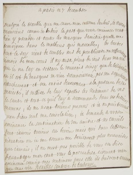 Marie-Victoire-Sophie de Noailles, comtesse de TOULOUSE (1688-1766) fille du maréchal duc de Noailles, veuve (1712) de Louis de Pardaillan de Gondrin duc d’Antin (petit-fils de Mme de Montespan), elle se remarie en 1723 avec Louis-Alexandre de Bourbon comte de Toulouse, fils légitimé de Louis XIV et de la marquise de Montespan, amiral de France (1678-1737), dont elle eut le duc de Penthièvre. L.A.S. « Noailles comtesse de Toulouse », Paris 7 décembre [1737, au cardinal de Fleury] ; 1 page in-4 (bordure de deuil ; petits défauts sur un bord ; portrait gravé joint).
   Belle lettre sur la mort de son mari et la succession de son fils le duc de Penthièvre dans ses charges. [Le comte de Toulouse est mort le 1er décembre, et son fils lui succède dans ses charges d’amiral de France, gouverneur de Bretagne et grand veneur de France.]
   « Malgré le trouble que me cause mon extreme douleur, je ressens Monsieur comme je le dois la part que votre eminence veut bien y prendre et toutes les marques damitié quelle me temoigne dans le malheur qui maccable. Les bontés dont le roy vient de combler Mr de Penthievre ne seffaceront jamais de mon cœur. Il ny aura point de jour dans ma vie que je ne luy en retrace le souvenir ainsy que de lobligation ou il est de marquer sa vive reconnoissance par son respectueux attachement et son entier devouement a la personne de Sa Majesté, il suffira de luy rapeller les sentimens de Mr le Comte et tout ce quil luy a recommandé dans ses derniers momens, ils me seront toujours presens et je ne puis trouver quen Dieu seul ma consolation. Je demande a votre eminence la continuation de son amitié et ses conseils dont jaurois toujours eu besoin mais qui dans laffreuse situation ou je me trouve me deviennent plus necessaires que jamais »…
