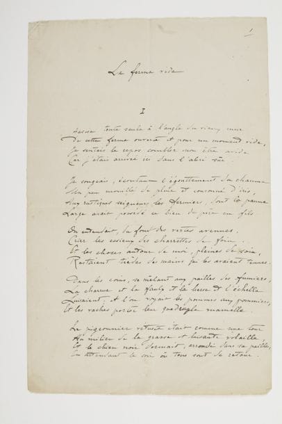 Lucie DELARUE-MARDRUS (1880-1945). Poème autographe signé, La Ferme vide ; 2 pages et demie in-fol. 
Beau poème de treize quatrains :
                              « Assise toute seule à l’angle du vieux mur
                                 De cette ferme ouverte et pour un moment vide,
                                 Je sentais le repos combler mon être avide »...
   On joint une L.S. de Judith Cladel (1911), pétition pour la fondation d’un Musée Rodin.
