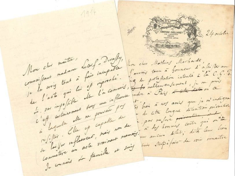 Anatole FRANCE (1844-1924). L.A.S. et L.A. (minute), 1914 et s.d. ; 3 pages et demie in-12, la 2e avec vignette du Château Caillavet.
   Paris 20 mai 1914, à un avocat, en faveur de Mme Lecerf-Devasty : « je la crois tout à fait incapable de l’acte qui lui est reproché. […] Elle est capable de se laisser influencer, mais non de commettre un acte vraiment mauvais ». Il est disposé à témoigner en sa faveur... 24 octobre [1919 ?], à Mathias Morhardt : « J’avais tenu à honneur d’assister au meeting de protestation intenté à la C.G.T. Malheureusement je ne puis me rendre à Paris. Dites bien à nos amis que je m’indigne avec eux de cette longue détention préventive infligée par une force politique à des hommes contre qui on n’a pu relever aucun délit ; dites-leur bien que je suis stupéfait de voir renaître ces monstrueuses accusations de complicité morale, que nous pensions ne plus revoir. [...] L’organisation saisissante du prolétariat est déjà assez forte pour résister à plus d’un procès comme celui-ci ».
