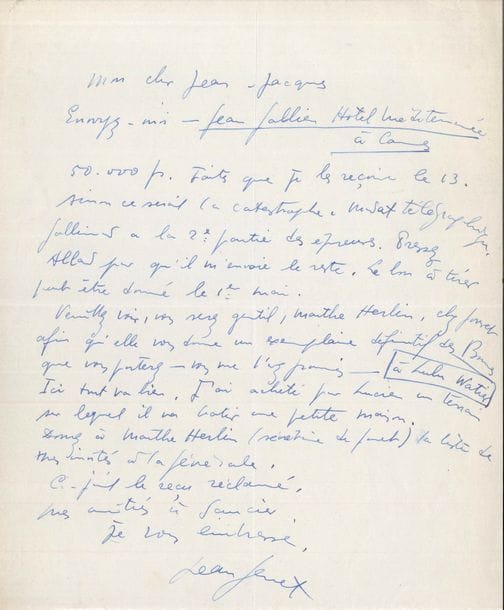 Jean GENET (1910-1986). 3 L.A.S., 2 P.A.S. et 1 L.S., Paris et Cannes 1947, à Jean-Jacques Pauvert ; 5 pages in-4 (une déchirée en plusieurs morceaux) et 1 page oblong in-8, 2 enveloppes.
   Sur ses pièces Haute surveillance, et Les Bonnes [celle-ci fut créée à l’Athénée le 19 avril 1947].
   Paris 27 janvier 1947. Cession de Haute surveillance (titre ajouté à la main) à 60 exemplaires hors commerce. « La propriété cédée est celle de la copie dactylographiée de cette pièce […] Pour cet abandon de droits, je recevrai 130.000 fr. dont 30 (trente) à remise du manuscrit, et 100 (cent), le 15 mars 1947 »… [Cannes fin mars 1947]. « Voulez-vous avoir la gentillesse de m’envoyer le plus tôt possible recommandé la version de Haute surveillance corrigée par Barrault. Faites aussi que les 50.000 fr. m’arrivent pour le 13. Envoyez un mandat télégraphique au nom de Jean Gallien Hôtel Méditerrannée Cannes. Je sais que je vous dois 5.000 fr. Mais je serais content si vous les reteniez à la fin, sur le dernier versement »… [Cannes 31 mars 1947]. « Soyez gentil de me faire parvenir la dactylographie de Haute surveillance, celle qui est corrigée par Barrault. […] Dites-moi si vos rapports avec Gallimard sont aussi cordiaux »… Il donne les coordonnées à Cannes de Mme Maglia, avec qui Pauvert devra traiter « pour nos prochaines affaires »… [Cannes 7 avril 1947]. « Envoyez-moi – Jean Gallien Hôtel Méditerranée à Cannes 50.000 fr. Faites que je les reçoive le 13. Sinon ce serait la catastrophe. Mandat télégraphique. Gallimard a la 2e partie des épreuves. Pressez Allard pour qu’il m’envoie le reste. Le bon à tirer peut être donné le 1er mai. Veuillez voir, vous serez gentil, Marthe Herlin, chez Jouvet afin qu’elle vous donne un exemplaire définitif des Bonnes que vous porterez – vous me l’avez promis – à Lulu Watier. Ici tout va bien. J’ai acheté pour Lucien un terrain sur lequel il va bâtir une petite maison »… Il faut aussi donner à Marthe Herlin la liste des invités à la générale