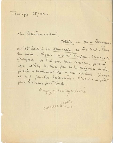 Jean GIONO (1895-1970). L.A.S., Taninges 28 août, à un ami ; 1 page in-4.
   « Colline et Un de Baumugnes ont été traduits en américain et très mal. Pour les autres, Regain, Le Grand Troupeau, Naissance de l’Odyssée, je n’ai pas voulu marcher. Je serai ravi d’être traduit par votre entremise mais je suis absolument lié à mes éditeurs : Grasset et NRF pour les traductions. C’est à eux qu’il faut s’adresser pour traiter »…
