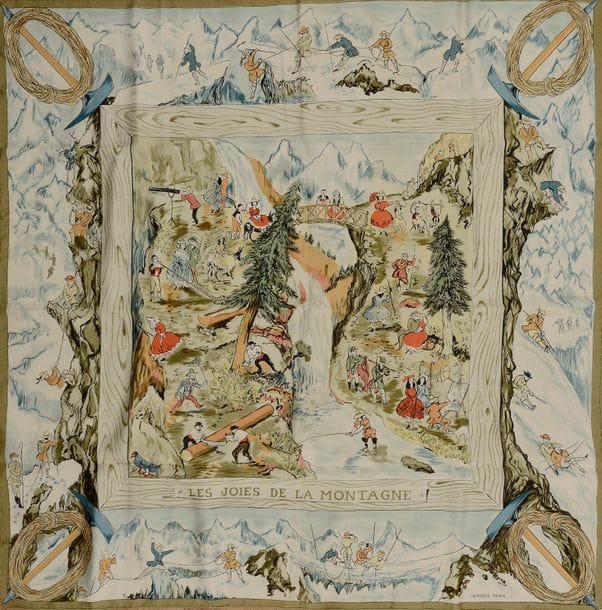 Carré HERMES. "Les Joies de la Montagne" , fond beige, entourage vert foncé. Signé.

Bon état, pochette papier.
