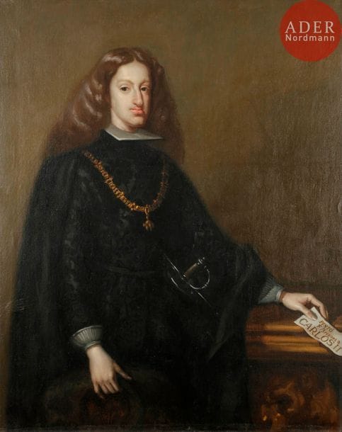 *Fernando BRIONES CARMONA (1905-1988)
Portrait de Charles II
Huile sur toile.
Signée sur la droite dans un cartouche.
131 x 105 cm