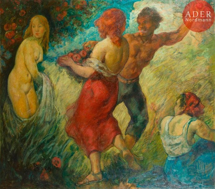 *Émile BAES (1879-1954)
La Récolte des pommes, 1930
Huile sur toile.
Signée en bas à gauche.
(Rentoilé).
180 x 210 cm