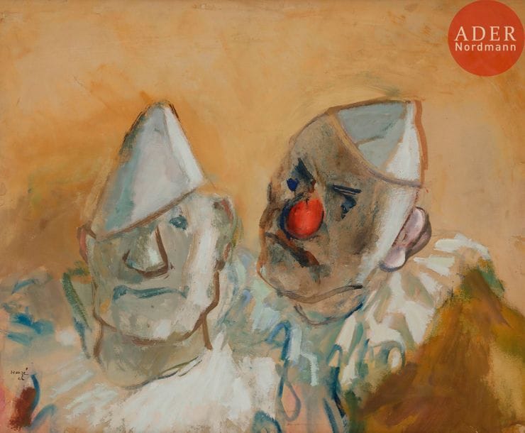 *Edmond HEUZE (1884-1967)
Deux clowns au cirque Médrano, 1922
Huile et tempéra sur papier contrecollé sur carton.
Signée et datée en bas à gauche.
47 x 55 cm