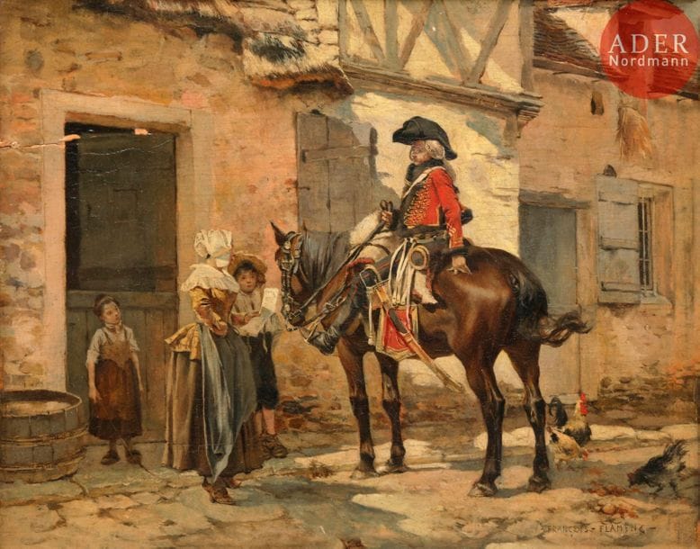 François FLAMENG (1856-1923)
Le Messager
Huile sur panneau parqueté.
Signée en bas à droite.
(Petite fente au panneau, et petits manques).
19,5 x 24,5 cm
