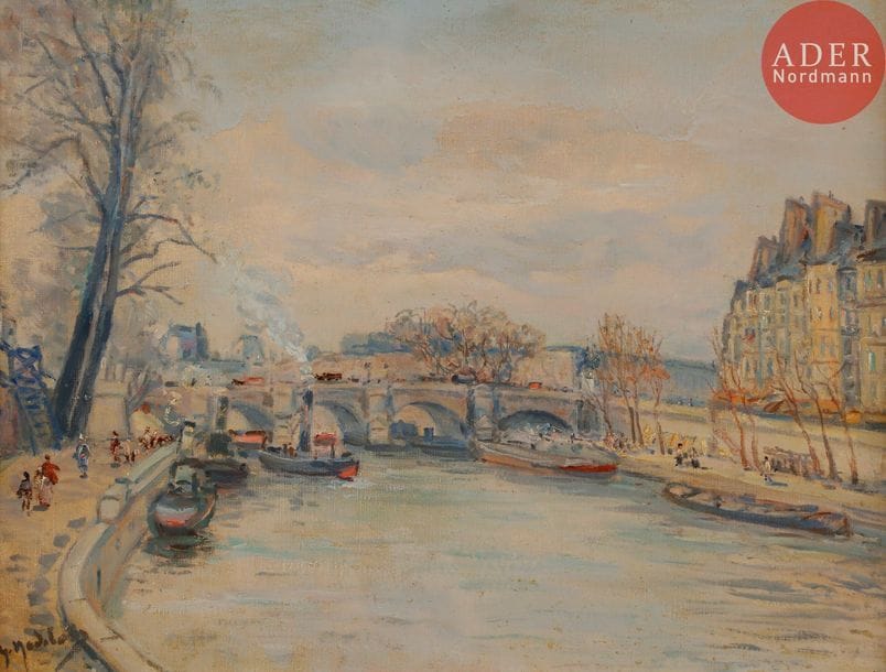 Gustave MADELAIN (1867-1944)
Paris, la Seine au Pont Neuf
Huile sur toile.
Signée en bas à gauche.
46 x 61 cm