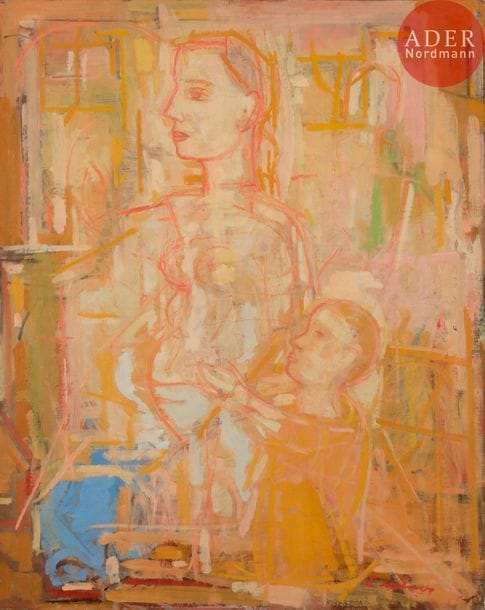 Émile LAHNER (1893-1980)
Femme à l'enfant, 1929
Huile sur toile.
Signée en bas à droite.
Datée au dos.
(Accident).
92 x 73 cm