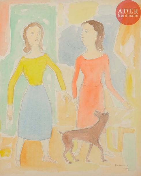 Émile LAHNER (1893-1980)
Femmes et chien, 1928
Crayon et aquarelle.
Signé et daté en bas à droite.
61 x 47 cm