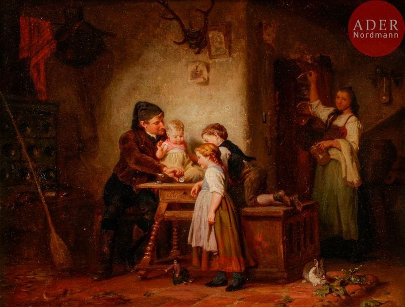 Felix SCHLESINGER (1833-1910)
La Famille
Huile sur panneau.
Signée en bas à gauche.
26,5 x 35 cm
