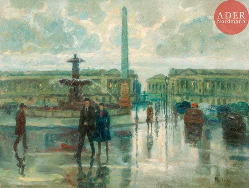Per KROHG (1889-1965)
Paris, place de la Concorde sous la pluie
Huile sur toile.
Signée en bas à droite.
60 x 80 cm