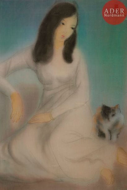 NANG HIEN (1921-2014)
Femme au chat, 1990
Peinture sur soie.
Signée et datée en haut à droite.
Porte le cachet rouge de l'artiste.
60 x 40 cm