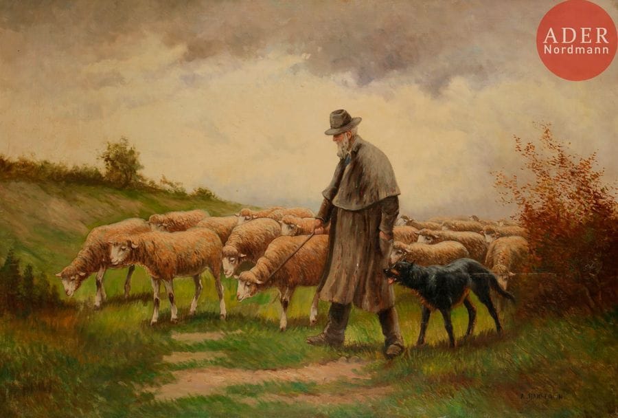 Alfred Joseph DANNEQUIN (?-1890)
Berger et son troupeau
Huile sur toile.
Signée en bas à droite.
(Rentoilée).
89 x 130 cm