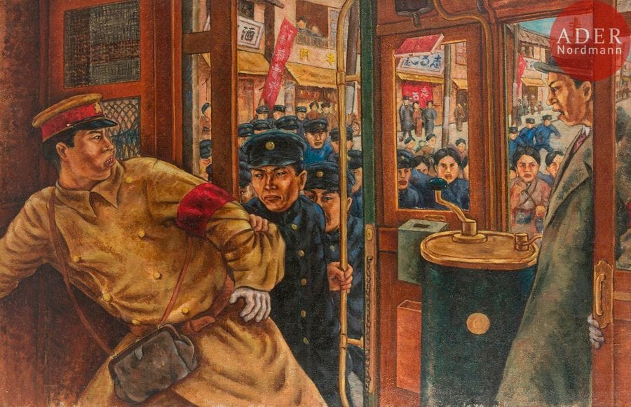 Yamakami KAKICH (1901-1991)
Scène d'arrestation
Huile sur toile.
Signée au dos.
130 x 195 cm