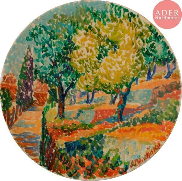 Serge MENDJISKY (né en 1929)
Paysage
Huile sur assiette en porcelaine.
Signée en bas à droite.
Diamètre : 24,5 cm