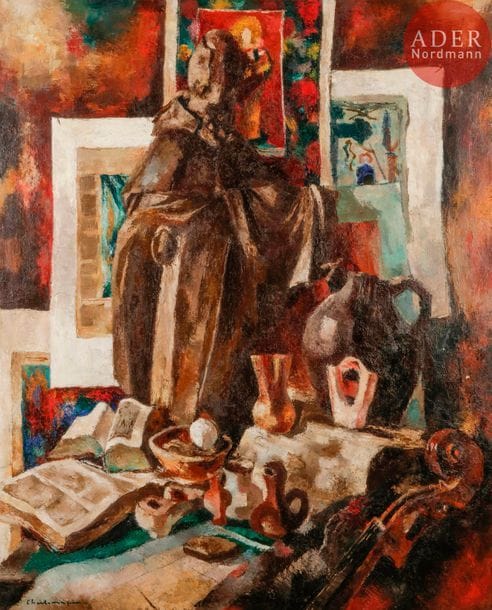 Paul CHARLEMAGNE (1892-1972)
Éloge de la Folie, vers 1937
Huile sur toile.
Signée en bas à gauche.
(Petits manques).
140 x 120 cm