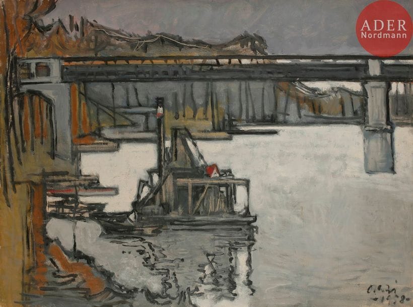 ORAZI (1906-1979)
Pont sur la rivière, 1958
Huile sur toile.
Signée et datée en bas à droite.
60 x 81 cm