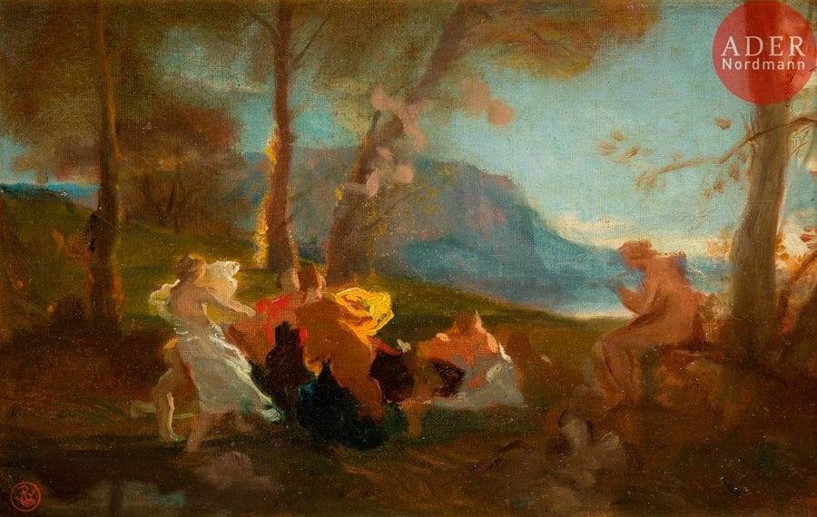 Pierre-Victor GALLAND (1822-1892)
Les Nymphes
Huile sur carton toilé.
Porte le cachet rouge de la vente de l'atelier en bas à gauche (Lugt 1197).
23,5 x 36 cm