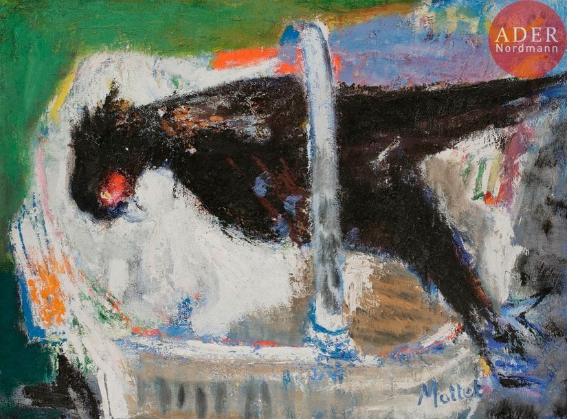 Yvonne MOTTET (1906-1968)
Le Faisan noir
Huile sur toile.
Signée en bas à droite.
(Petits manques).
60 x 81 cm

Provenance : 
Galerie Expression, Paris (étiquette au dos).