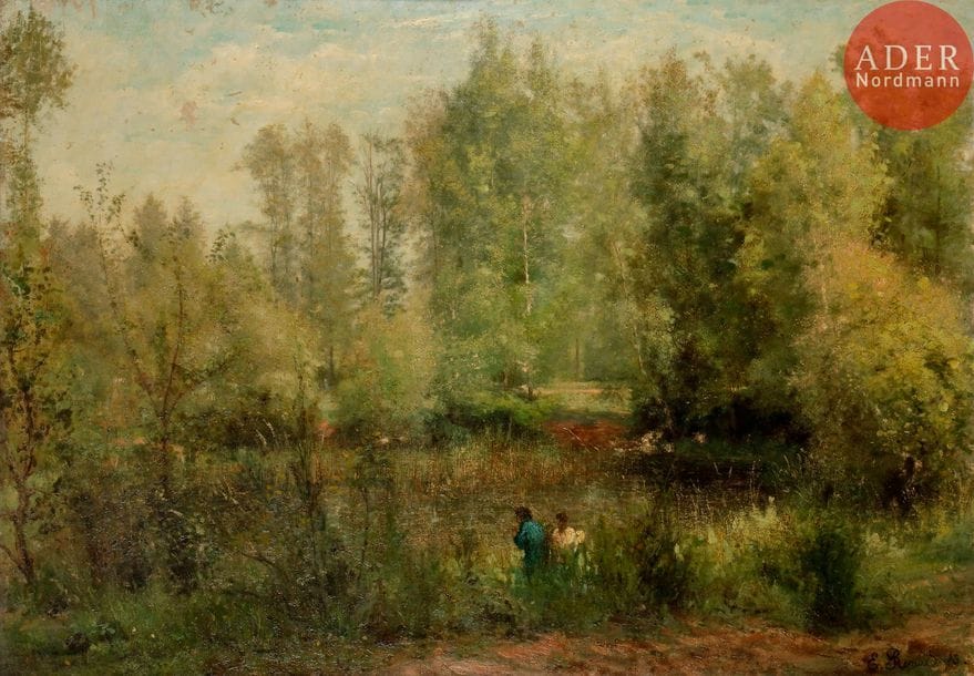 Émile RENARD (1850-1930)
Bord d'étang animé, 1873 (?)
Huile sur toile.
Signée et datée en bas à droite.
(Petits accidents et restaurations).
88 x 60 cm