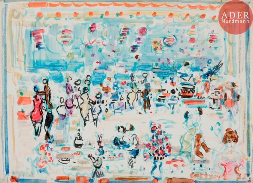 André COTTAVOZ (1922-2012)
La Fête au bord de la Mer, 1998
Technique mixte sur carton.
Signée et datée en bas à droite.
Signée, datée et titrée au dos.
19 x 24 cm