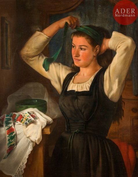 Léon MORICOURT (1830-?)
Femme au fichu vert
Huile sur toile.
Signée en bas à gauche.
(Rentoilée).
92 x 73 cm
