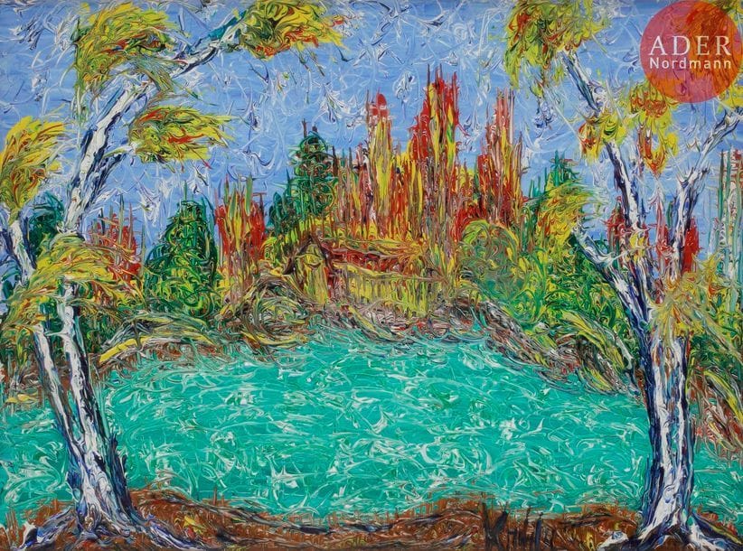 *Antoine KNIBILY (né en 1920)
Arbres au bord de l'étang
Huile sur toile.
Signée en bas à droite.
60 x 81 cm