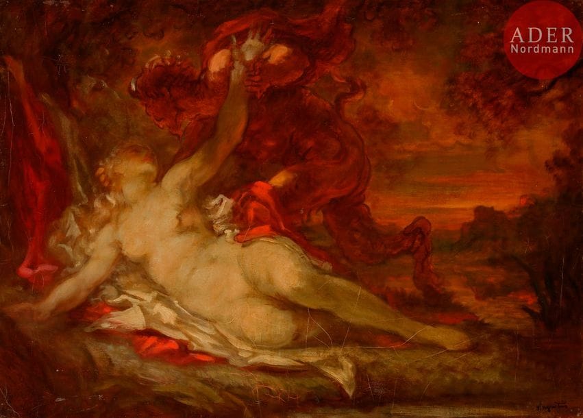 Louis ANQUETIN (1861-1932)
Scène mythologique
Huile sur papier marouflé sur toile.
Porte le cachet de la signature en bas à droite.
Porte le cachet de la vente d'atelier au dos.
46 x 64 cm