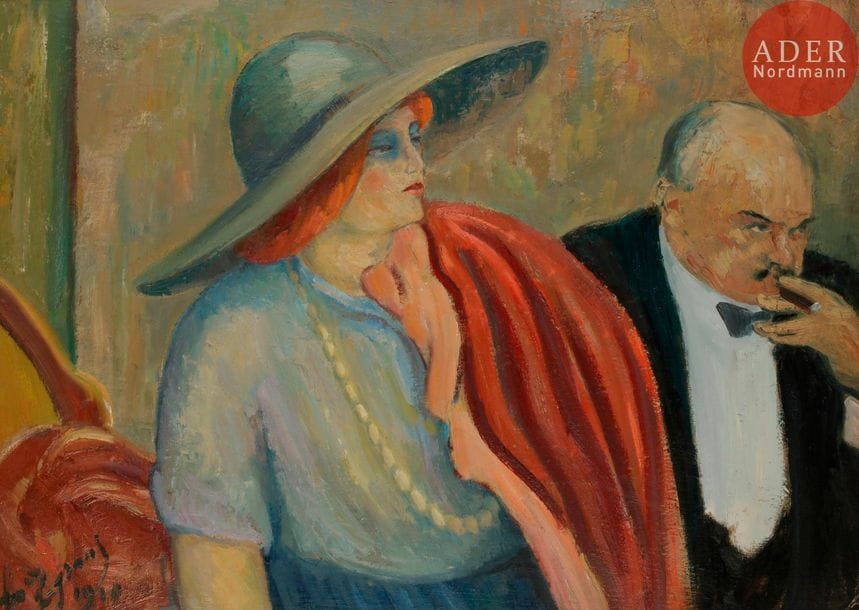 *Louis LEGRAND (1863-1951)
Couple au théâtre, 1910
Huile sur carton.
Signée et datée en bas à gauche.
73 x 100 cm

Exposition : 
Rétrospective Louis Legrand, Galerie Durand-Ruel, Paris, 1911, n°21.