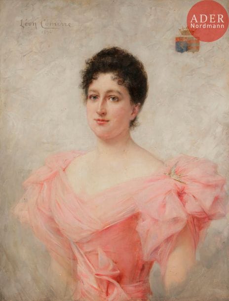 Léon François COMERRE (1850-1916)
Femme en buste, 1896
Huile sur toile.
Signée et datée en haut à gauche. 
Armoiries en haut à droite.
84 x 65 cm
