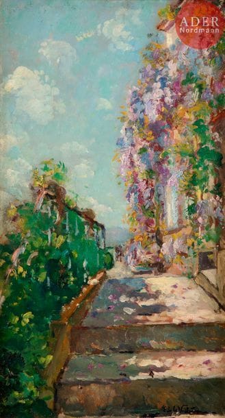 Emmanuel de LA VILLEON (1858-1944)
Glycine à Salvat
Huile sur panneau.
Signée en bas à droite.
60 x 32,5 cm

Bibliographie : 
Collard, Emmanuel de la Villéon - Catalogue Raisonné (huiles), Éditions de l'Amateur, Paris, 1981, reproduit page 108, n°267.