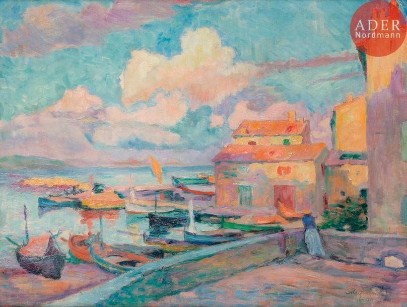 Carlos RAYMOND (1884-1970)
Le Port de Saint-Tropez, 1909
Huile sur toile.
Signée et datée en bas à droite.
50 x 65 cm