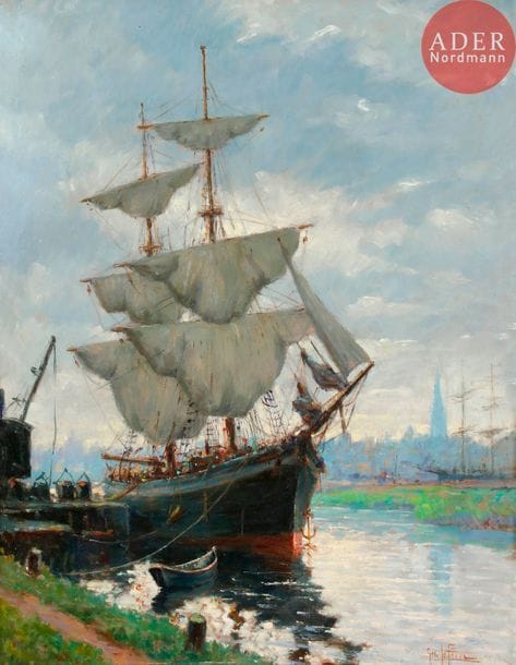 Géo LEFEVRE (1876-1953)
Voilier dans le port de Caen
Huile sur isorel.
Signée en bas à droite.
55 x 43 cm
