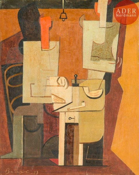 BIASI (XXe siècle)
Intérieur cubiste, 1928
Huile sur toile.
Signée et datée en bas à gauche.
(Petites restaurations).
29 x 23 cm