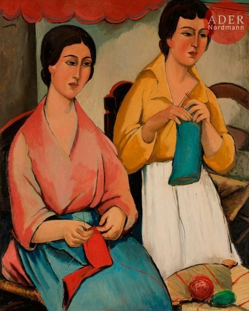 Pedro CREIXAMS (1893-1965)
Les Tricoteuses, 1920
Huile sur toile.
Signée en haut à gauche.
100 x 90 cm

Expositions : 
- 35 œuvres de l'École de Paris, Maison des Arts et Loisirs, Le Creusot, 1967 (étiquette au dos). 
- Modigliani à Montparnasse, Galleria d'Arte Moderna e Contemporanea, Palazzo Forti, Vérone, juillet-octobre 1988 (étiquette au dos).
- Creixams, Museo Minicipal Tossa de Mar, Girone, 1992.