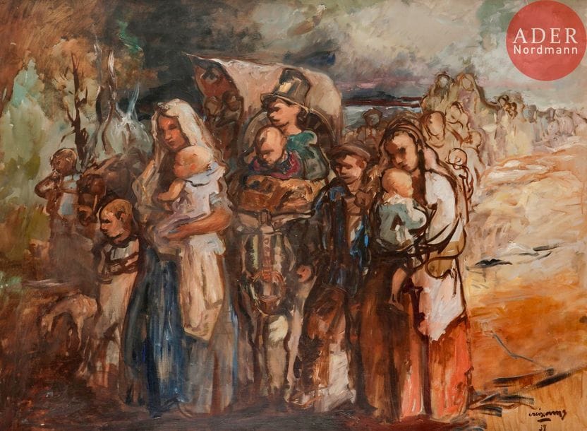 *Pedro CREIXAMS (1893-1965)
L'Exode, 1938
Huile sur toile.
Signée et datée en bas à droite.
(Rentoilée).
89 x 130 cm

Exposition : 
Creixams, Museo Minicipal Tossa de Mar, Girone, 1992.