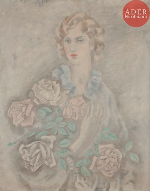 Sei KOYANAGUI (1896-1948)
Femme au bouquet de roses, vers 1930
Huile sur toile.
Signée en haut à droite.
80 x 65 cm