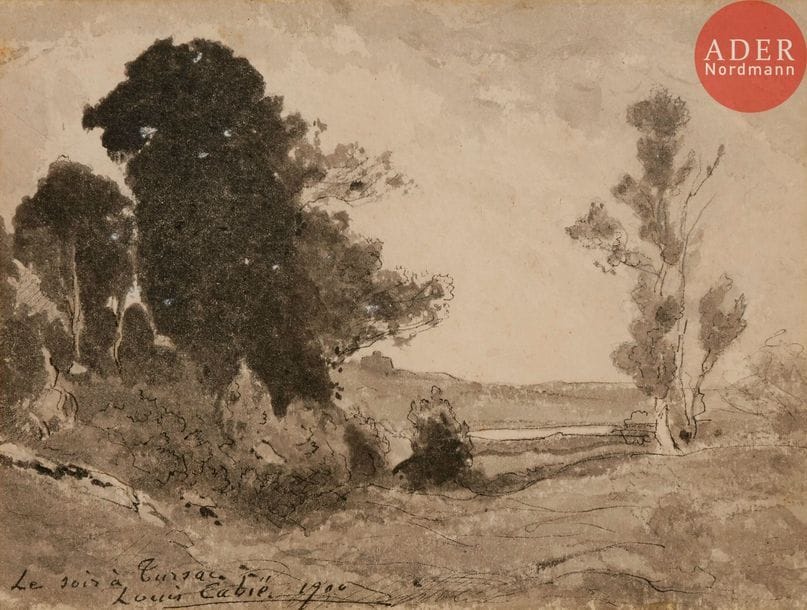 Louis CABIE (1853-1939)
Le Soir à Tursac, 1900
Encre et lavis d’encre.
Signée, datée et située en bas à gauche.
13 x 17 cm