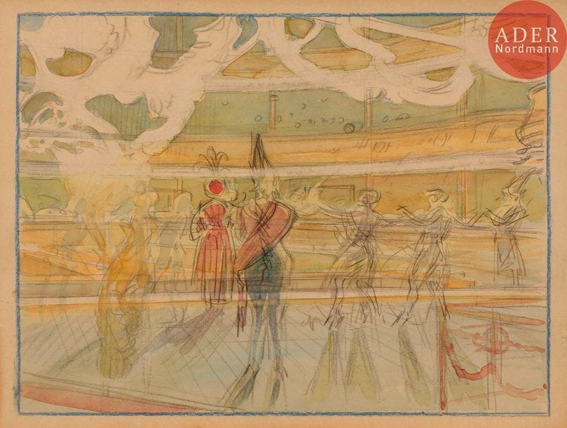 Tony MINARTZ (1873-1944)
Au théâtre, sur la scène
5 aquarelles et crayon noir.
Non signés.
Environ 32.5 x 43 cm chacune

Provenances :
- Vente de l’atelier Tony Minartz, Maître Claude Robert, Drouot, 21 novembre 1983 (timbre au dos du montage).
- Collection de l’artiste Jürg Kreienbühl (1932-2007).