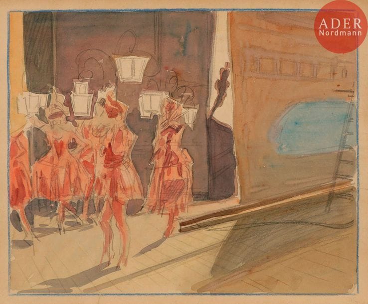 Tony MINARTZ (1873-1944)
Au théâtre, dans les coulisses
5 aquarelles et crayon noir.
Non signés.
32.5 x 43 cm chacune

Provenances : 
- Vente de l’atelier Tony Minartz, Maître Claude Robert, Drouot, 21 novembre 1983 (timbre au dos du montage).
- Collection de l’artiste Jürg Kreienbühl (1932-2007).