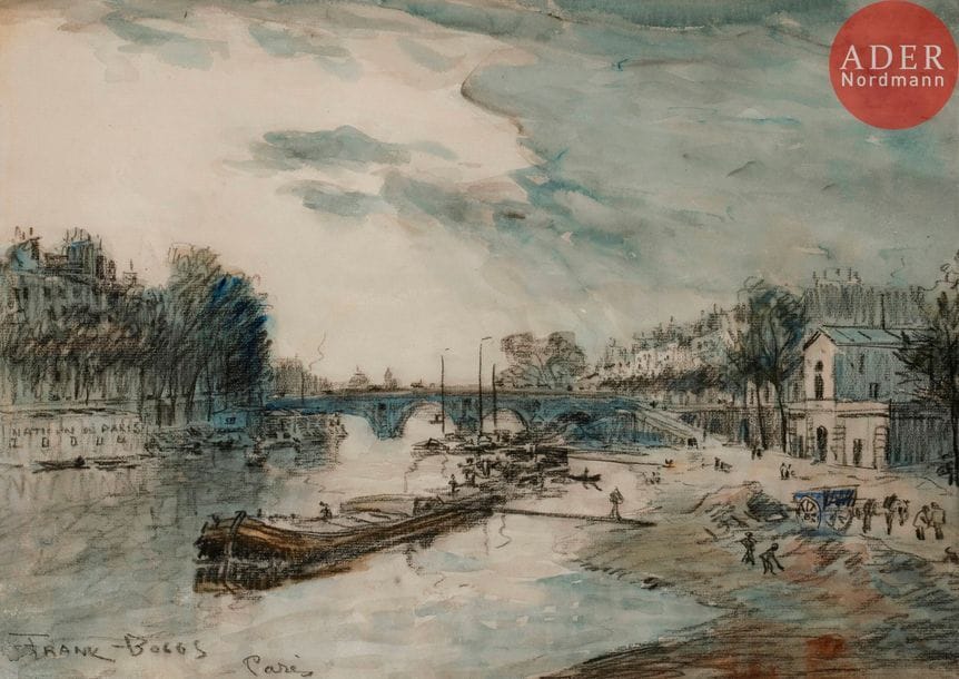 Frank Myers BOGGS (1855-1926)
Paris, péniches sur la Seine
Aquarelle et fusain.
Signé et situé en bas à gauche.
31.5 x 44.5 cm
