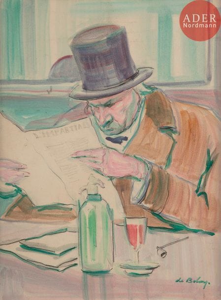 Pierre de BELAY (1890-1947)
Homme au café
Aquarelle et encre double-face.
Signée en bas à droite.
30 x 23 cm