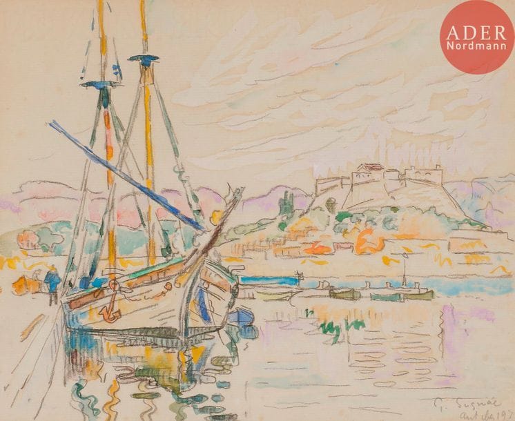 Paul SIGNAC (1863-1935)
Le Port d’Antibes, 1897
Aquarelle et fusain.
Signé, daté et situé en bas à droite.
23 x 28.5 cm

Provenance : 
Vente Me Étienne Libert, 12 décembre 1977, n°18 (reproduit). 
Un certificat de Madame Marina Ferretti en date du 22 octobre 2018 sera remis à l'acquéreur.