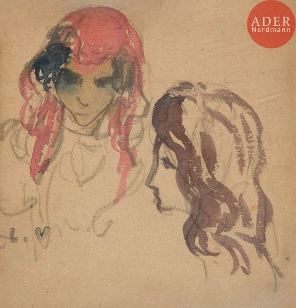 *Louis VALTAT (1869-1952)
Étude de têtes de femmes espagnoles, vers 1896
Aquarelle sur traits de crayon.
Porte le timbre de l’atelier en bas à gauche (Lugt 1771bis).
14 x 14 cm

Un avis d’inclusion aux Archives de l’Association des Amis de Louis Valtat sera remis à l’acquéreur.