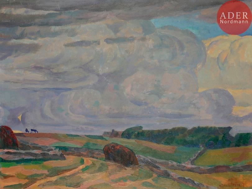 Adolphe Marie BEAUFRÈRE (1876-1960)
Bretagne, paysage au ciel nuageux
Huile sur carton.
Signée en bas à droite.
31.5 x 41.5 cm