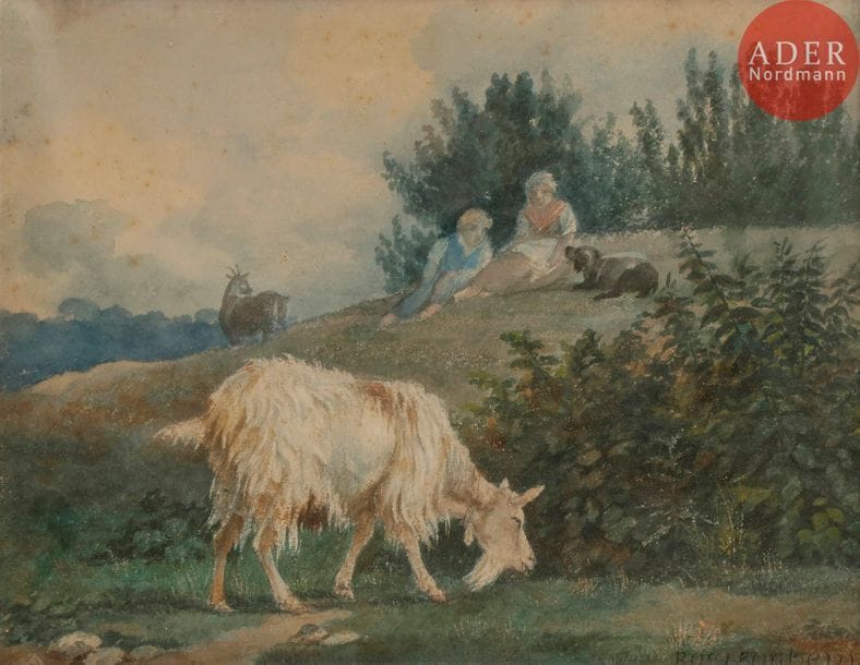 Rosa BONHEUR (1822-1899)
Bergers et leurs chèvres
Aquarelle.
Signée en bas à droite.
23 x 29 cm