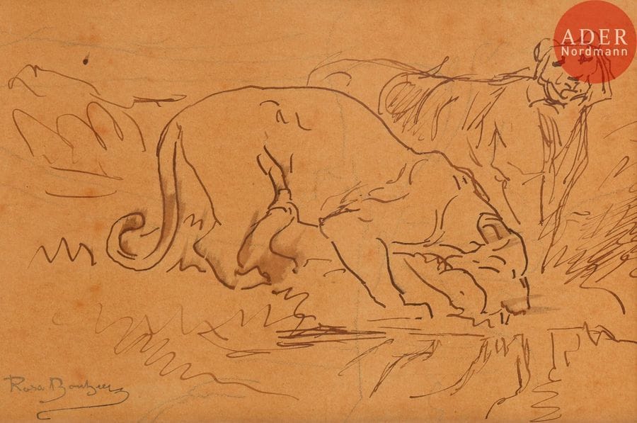 Rosa BONHEUR (1822-1899)
Tigres s’abreuvant
Encre brune.
Porte le cachet de la vente Rosa Bonheur en bas à gauche (Lugt 275).
17.5 x 24.5 cm

Provenances : 
- Vente Rosa Bonheur, 1900 (cachet de cire au dos du montage, Lugt 276).
- Collection Miss Anna Klumpke (carte de visite au dos).