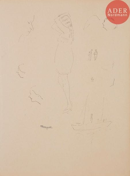 Albert MARQUET (1875-1947)
Femme, les bras levés et études, vers 1920
Encre.
Porte le timbre de la signature en bas vers la gauche.
32.5 x 24 cm