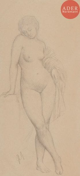 Jean-Léon GÉRÔME (1824-1904)
Étude de femme à la draperie
Crayon noir.
Monogrammé en bas à gauche.
15 x 17 cm

Notre dessin est une étude préparatoire pour la figure de Chloé dans le tableau Daphnis et Chloé, huile sur toile, 212 x 156 cm, exécutée en 1852. Ce tableau est conservé au Musée Massey à Tarbes.