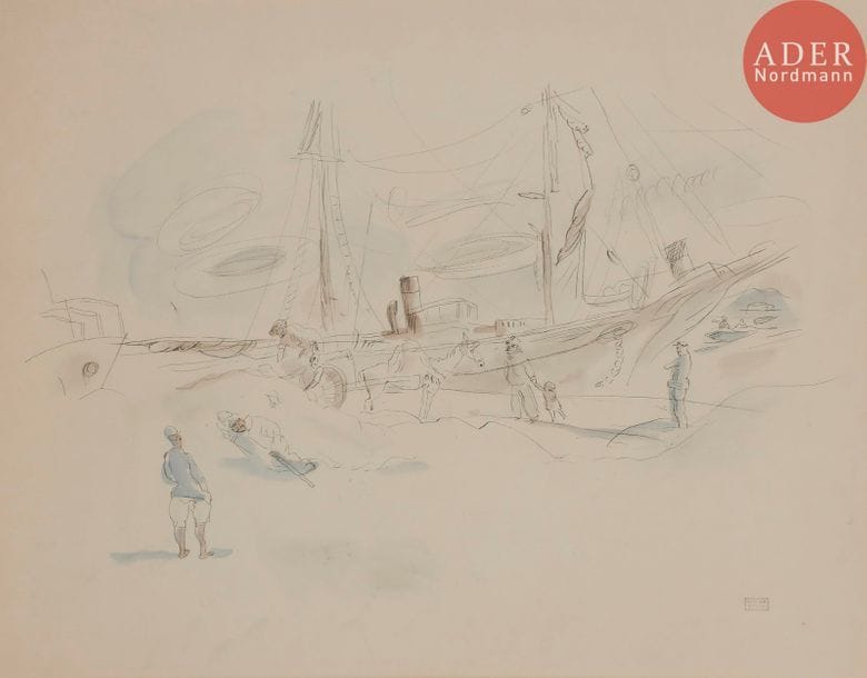 Julius Pincas, dit Jules PASCIN (1885-1930)
Port d’Afrique du Nord
Encre et aquarelle.
Porte le timbre de l’atelier en bas à droite (Lugt 2014b).
40.5 x 52 cm

Provenance : 
Vente Palais d’Orsay, Me Laurin - Guilloux - Beuffetaud - Tailleur, 13 décembre 1977, n°156. 

Nous remercions le comité Pascin d'avoir confirmé l'authenticité de cette œuvre.